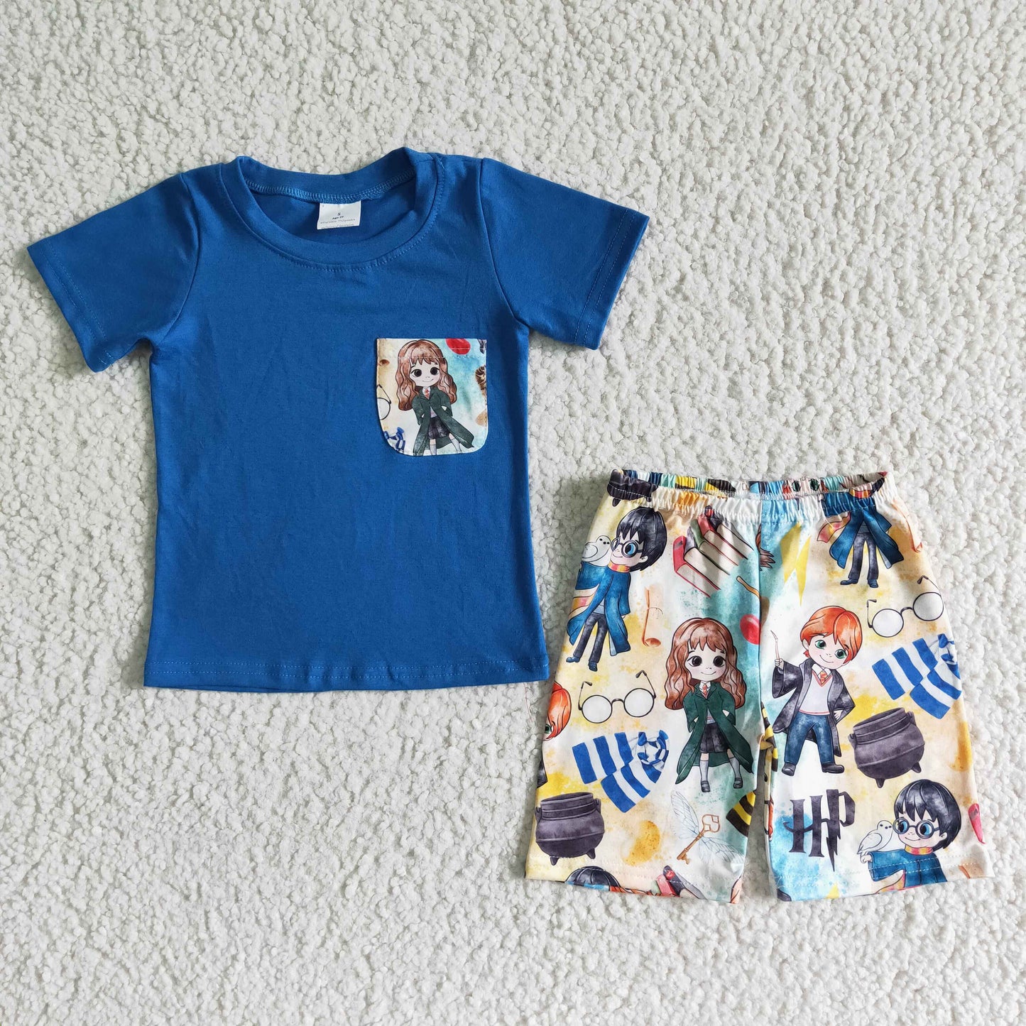 BSSO0048 Anime Movie Print Short Sleeve Blue Short Sleeve Top with Printed Shorts Set