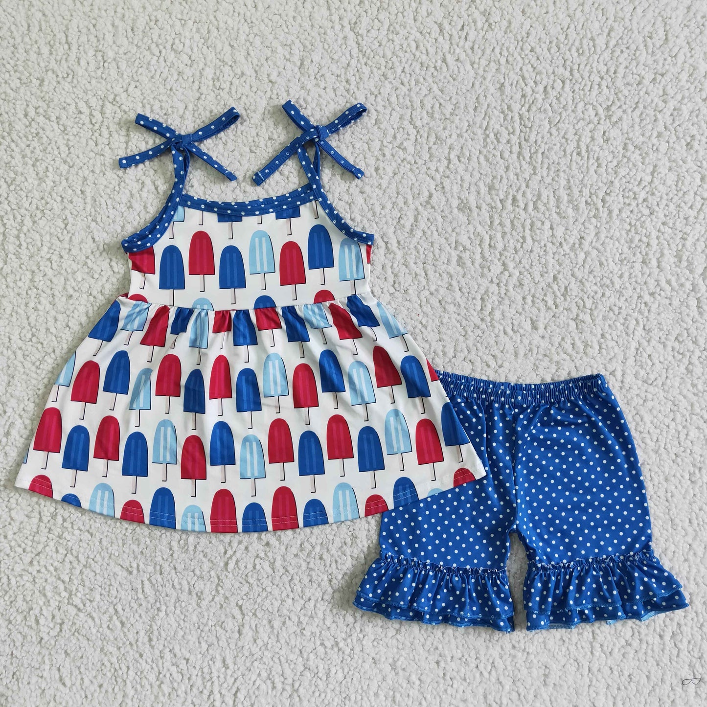 C14-2  Popsicle-pattern suspender top with polka-dot blue shorts set