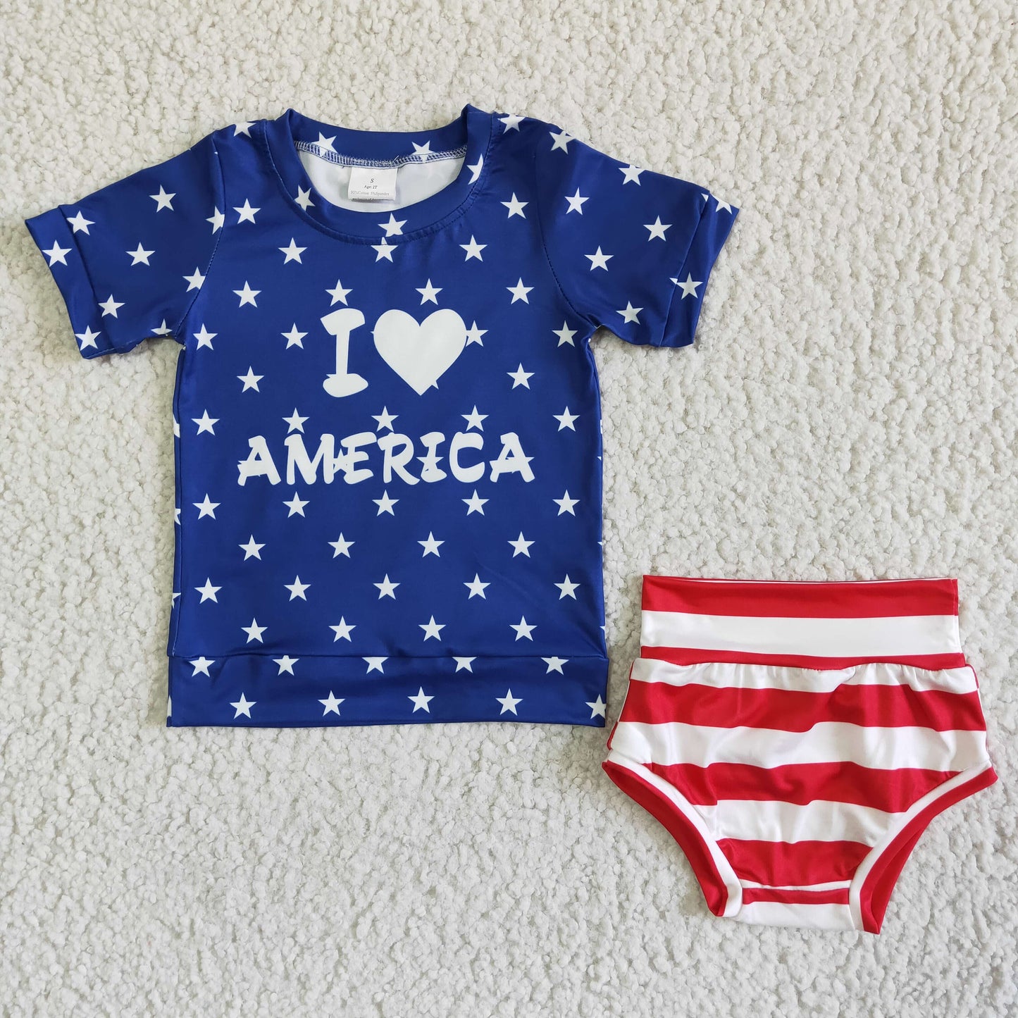 GBO0039 Letter Print Blue Short Sleeve Top with Shorts Set Independence Day Outfit