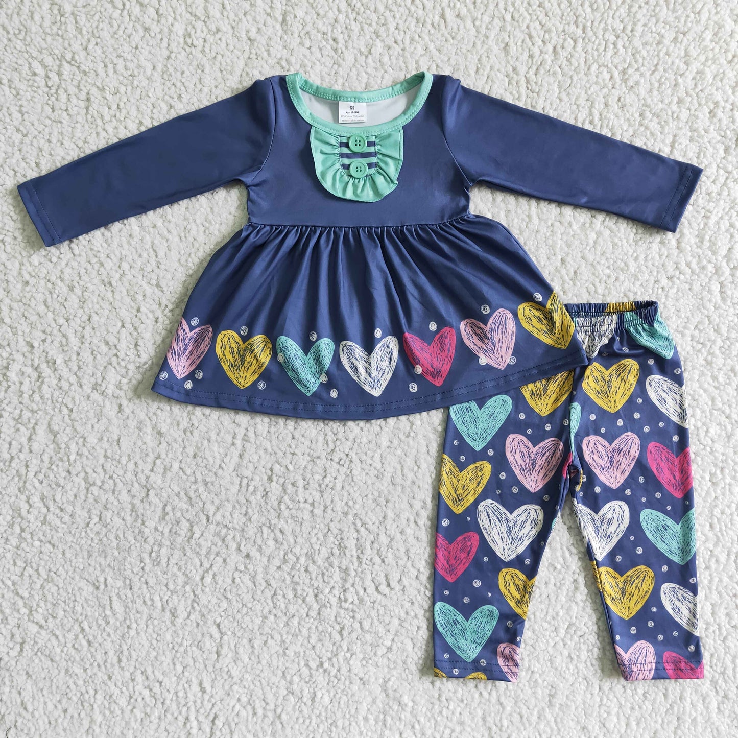 6 A23-7  Valentine's Day Heart Pattern Blue Long Sleeve Pants Set