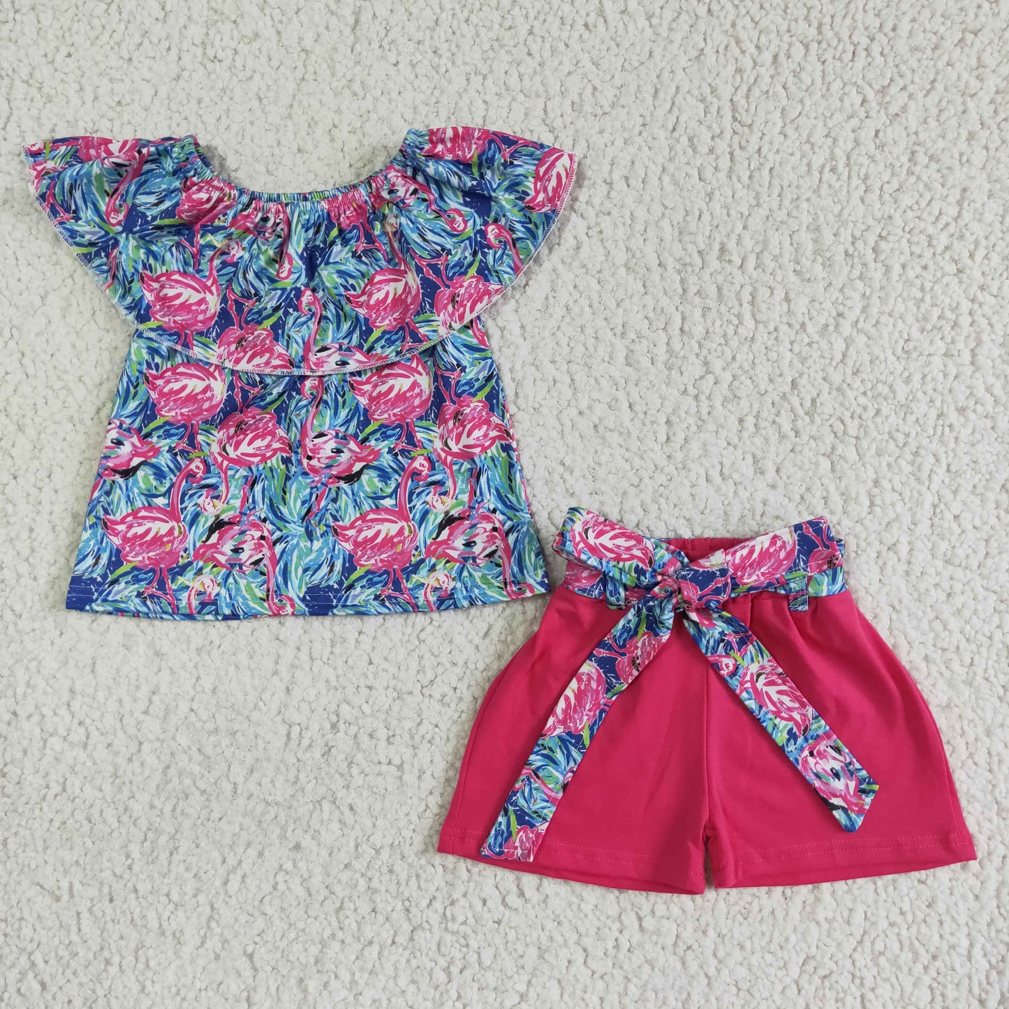 GSSO0101 Girls Flamingo Print One-Shoulder Short Sleeve Top with Red Lace-Up Shorts