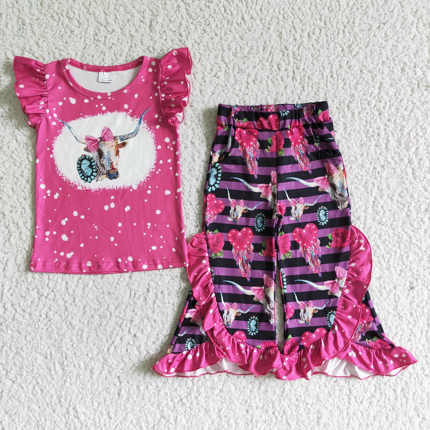 GSPO0102   girl cow bow jewel rose red short-sleeved trousers cover
