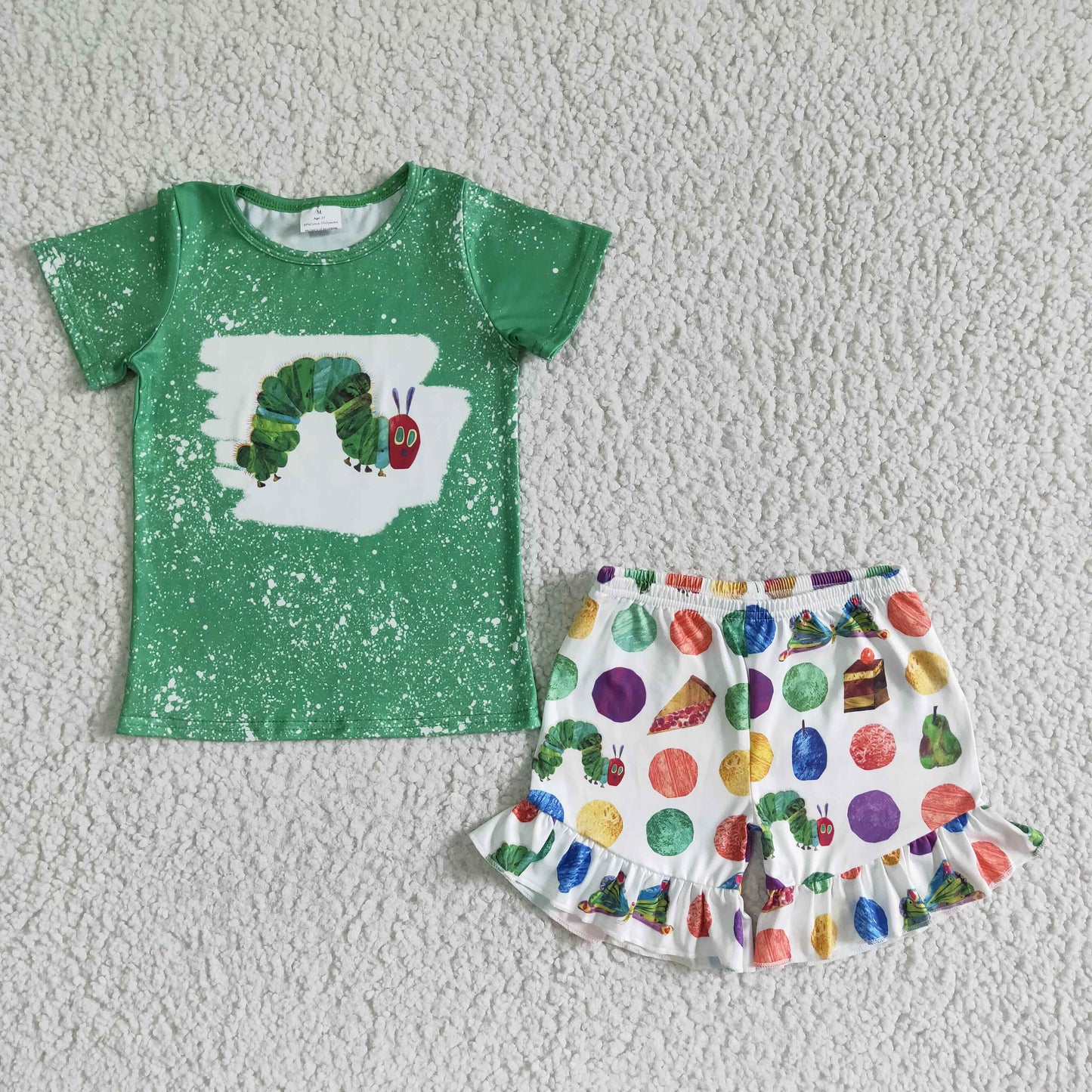 BSSO0064 Girls Caterpillar Pattern Green Short Sleeve Top with Food Pattern Shorts