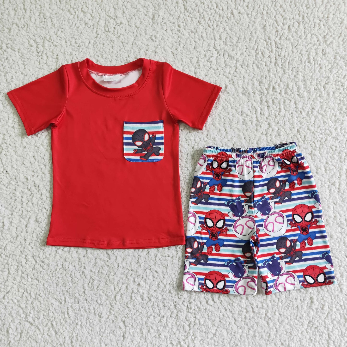 BSSO0062 Movie image little boy printed red short-sleeved top with printed shorts
