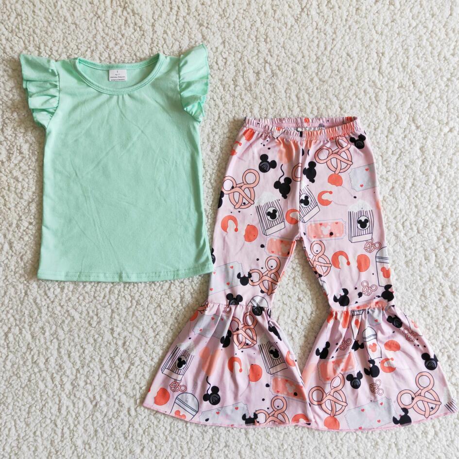 new arrival blue cartoon bell bottom pant Spring clothing boutique clothes wholesale RTS NO MOQ girls toddler girls clothing set