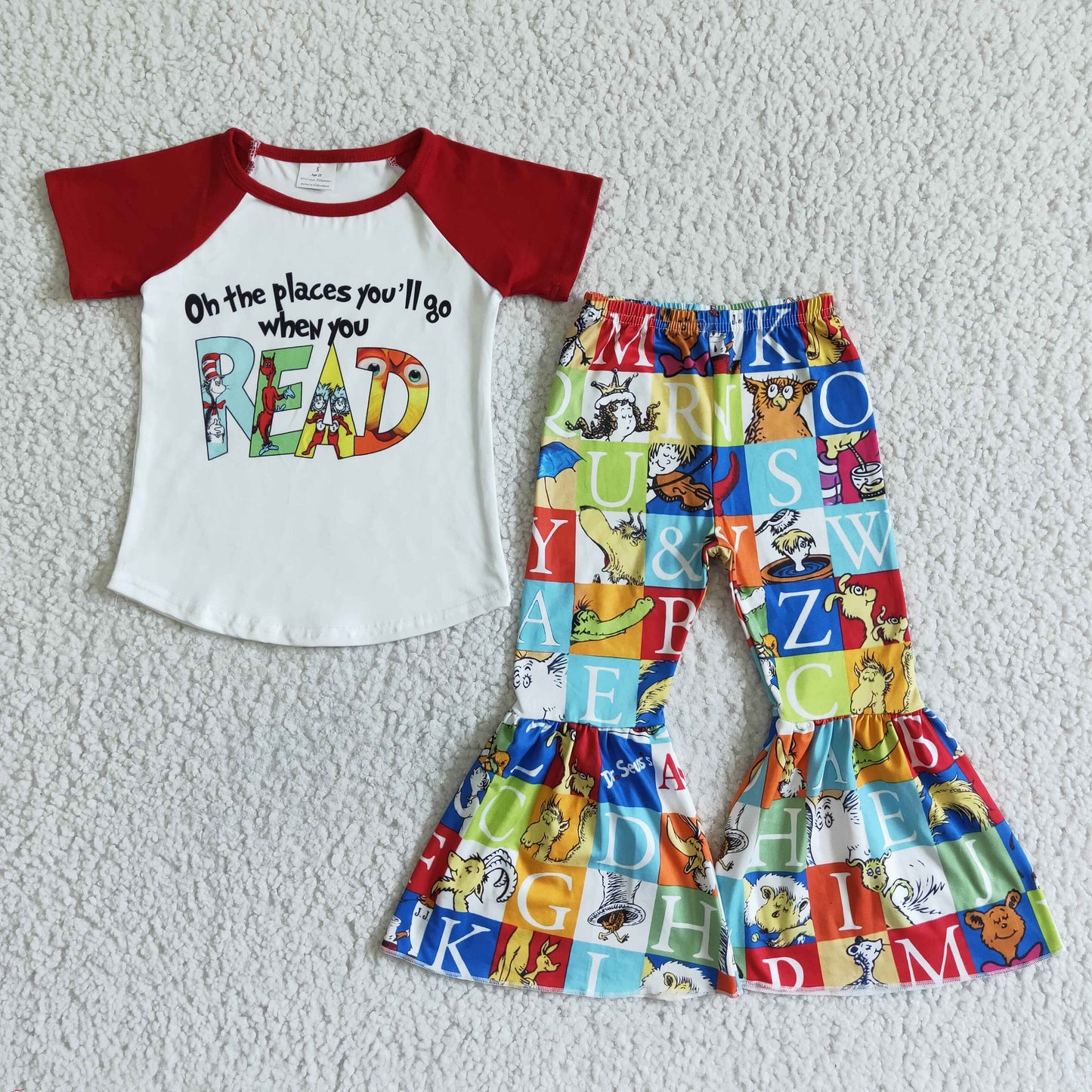 B17-16 Alphabet red short-sleeved top with colorful anime movie-print flared pants