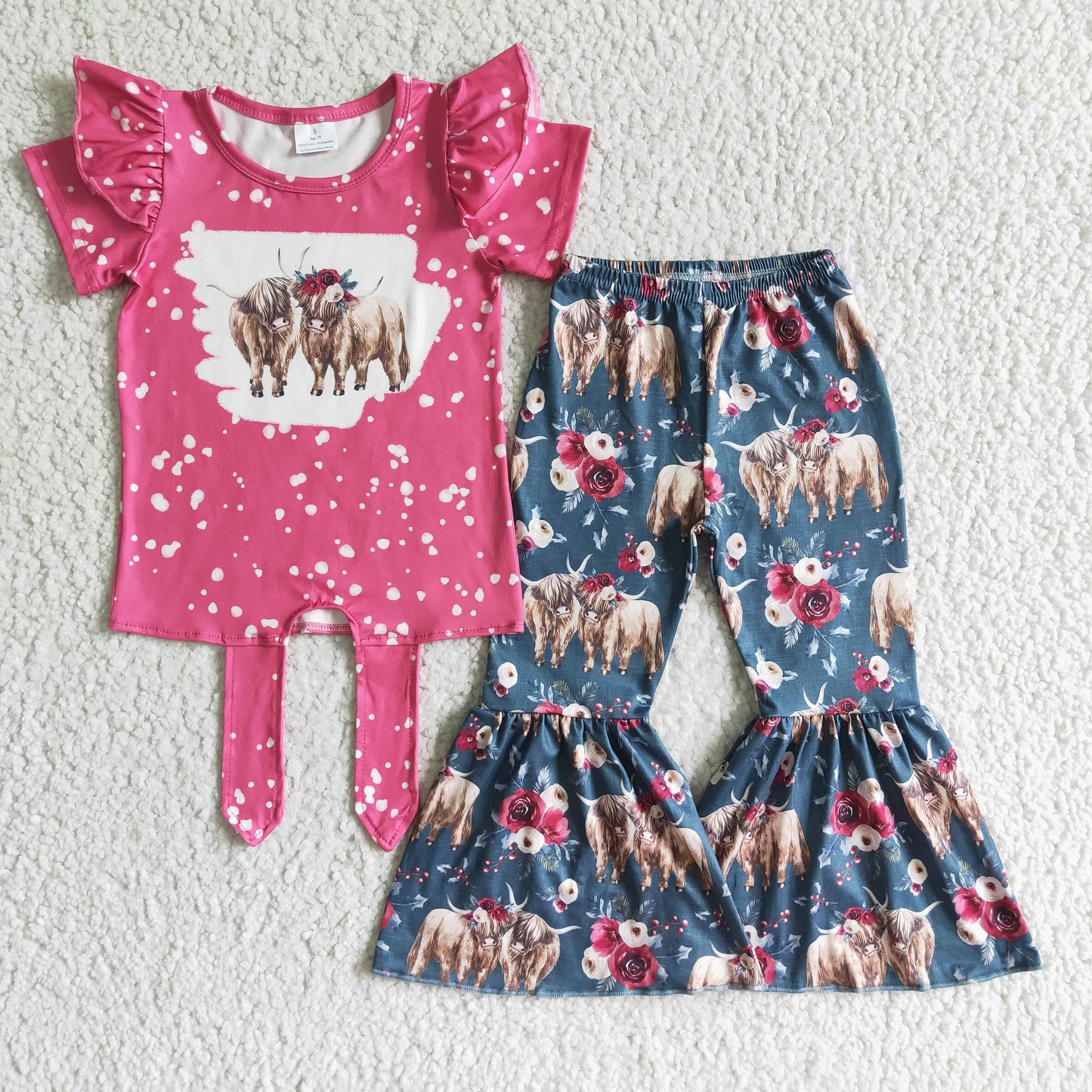 GSPO0090 Girls Alpine Cow Flower Rose Red Short Sleeve Trousers Suit