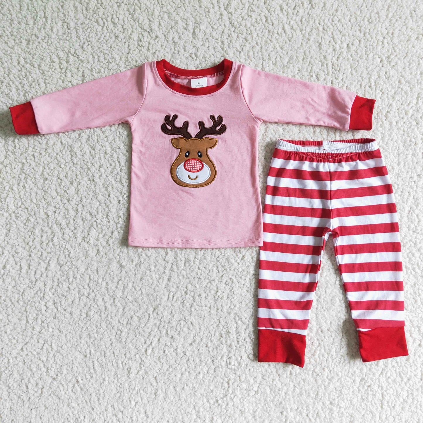 6 A27-12 Girls Pink Deer Head Embroidered Cotton Striped Pajamas