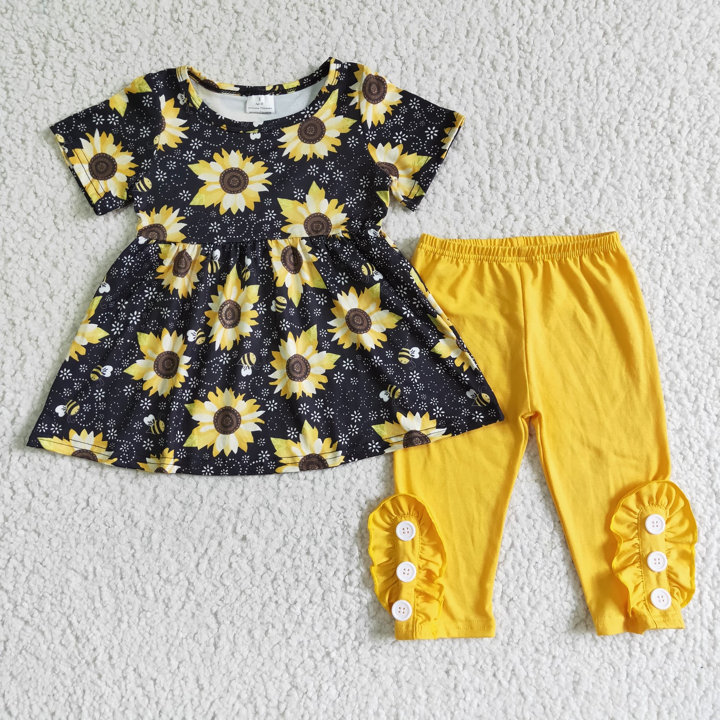 C7-15 Girls Sunflower Black Top Short Sleeve Yellow Pants