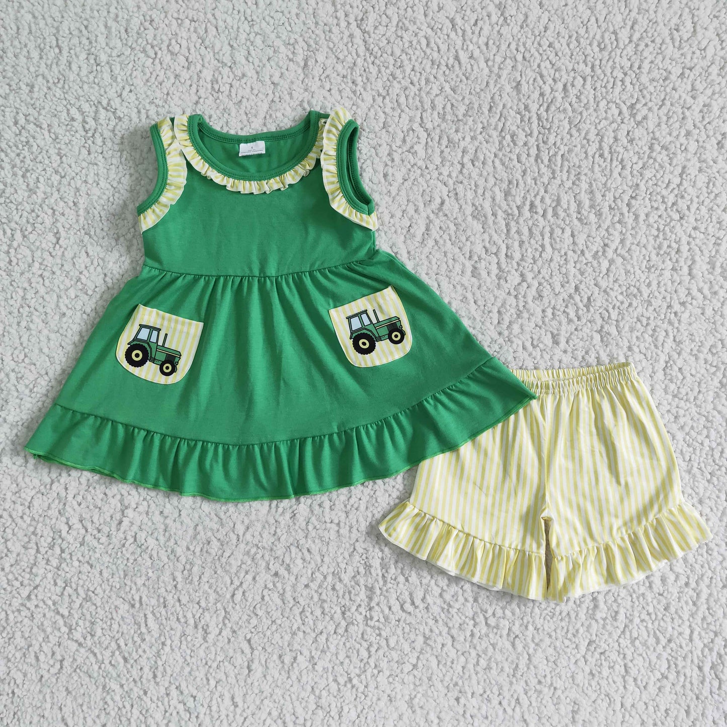 GSSO0097 Girls Green Pocket Short Sleeve Top with Yellow Shorts