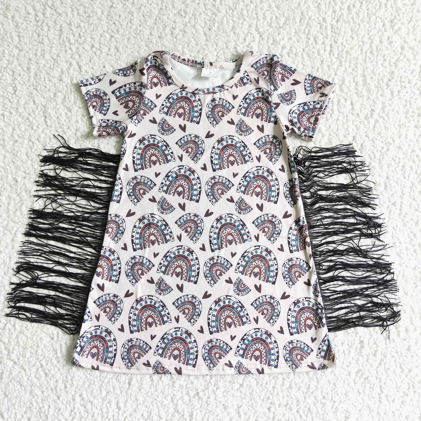 GSD0101 girl Leopard Print Rainbow Heart Fringe Short Sleeve Dress