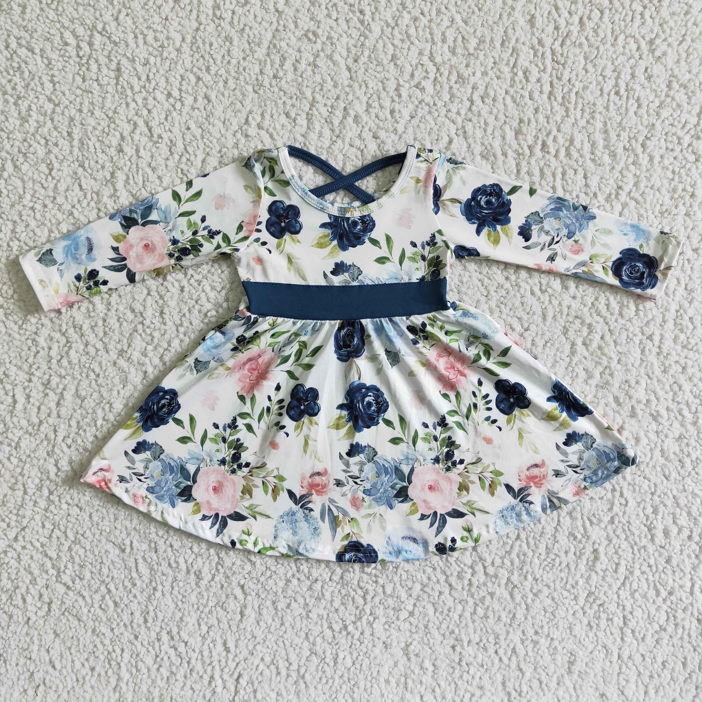 6 A8-5    Blue Floral Print Long Sleeve Dress