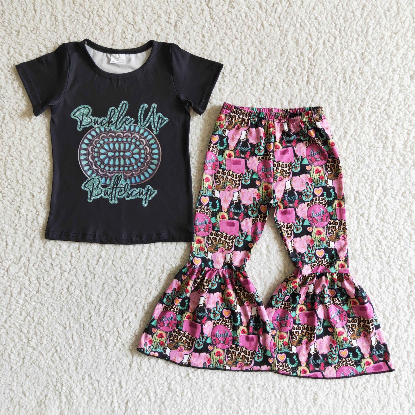 GSPO0039 Jewel Print Black Short Sleeves with Printed Purple Flare Pants