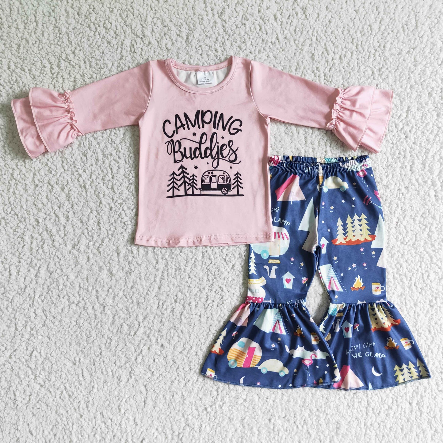 6 B4-37 Girls CAMPING Camping Pink Long Sleeve Blue Trousers