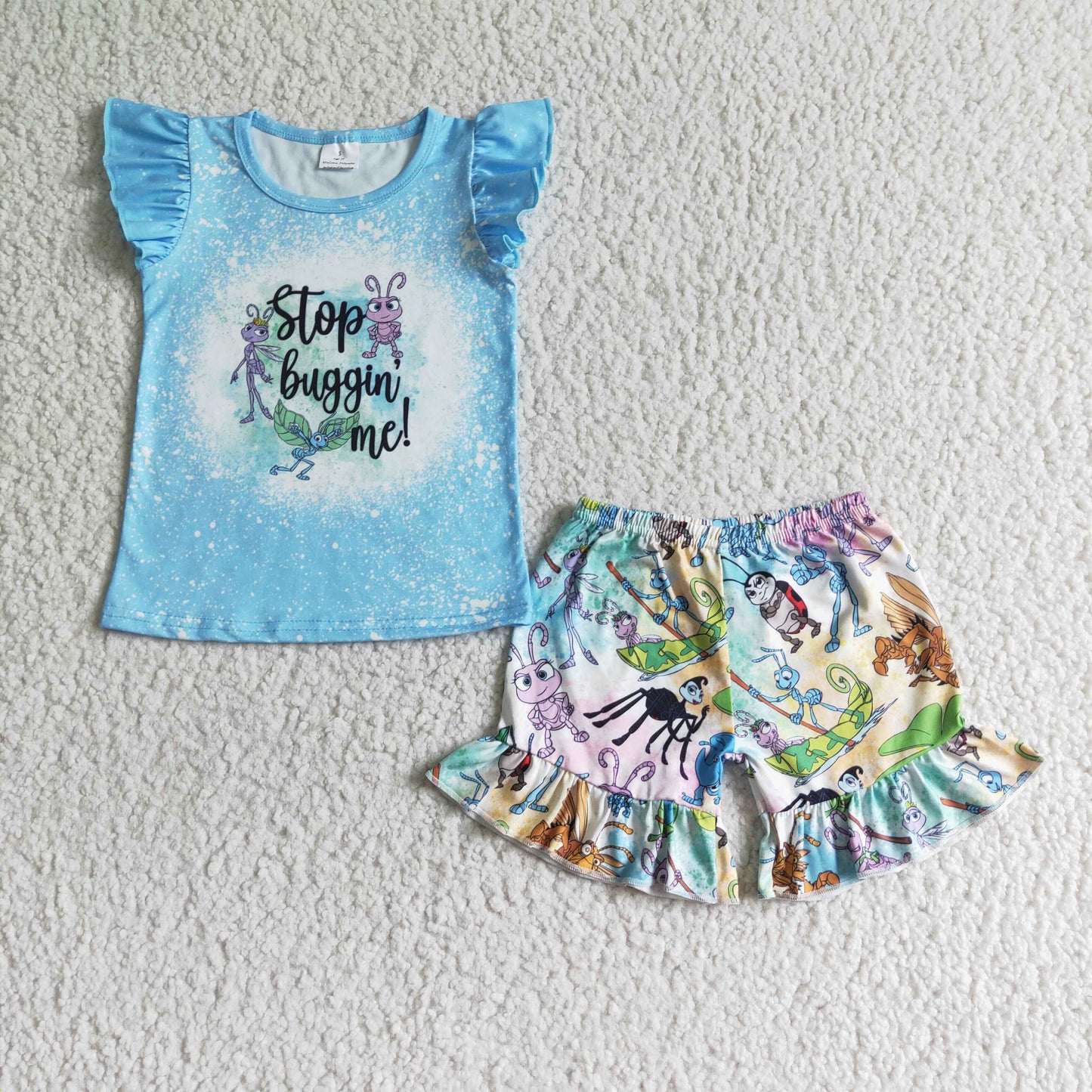GSSO0084 Anime Movie Print Blue Short Sleeve Top with Ant Print Shorts