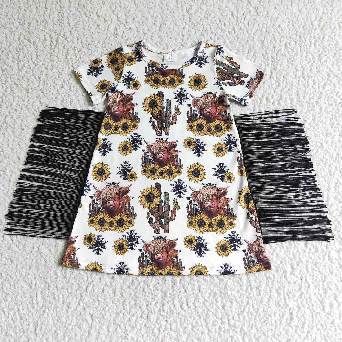 GSD0084 Girls Alpine Cow Cactus Sunflower Fringe Short Sleeve Dress