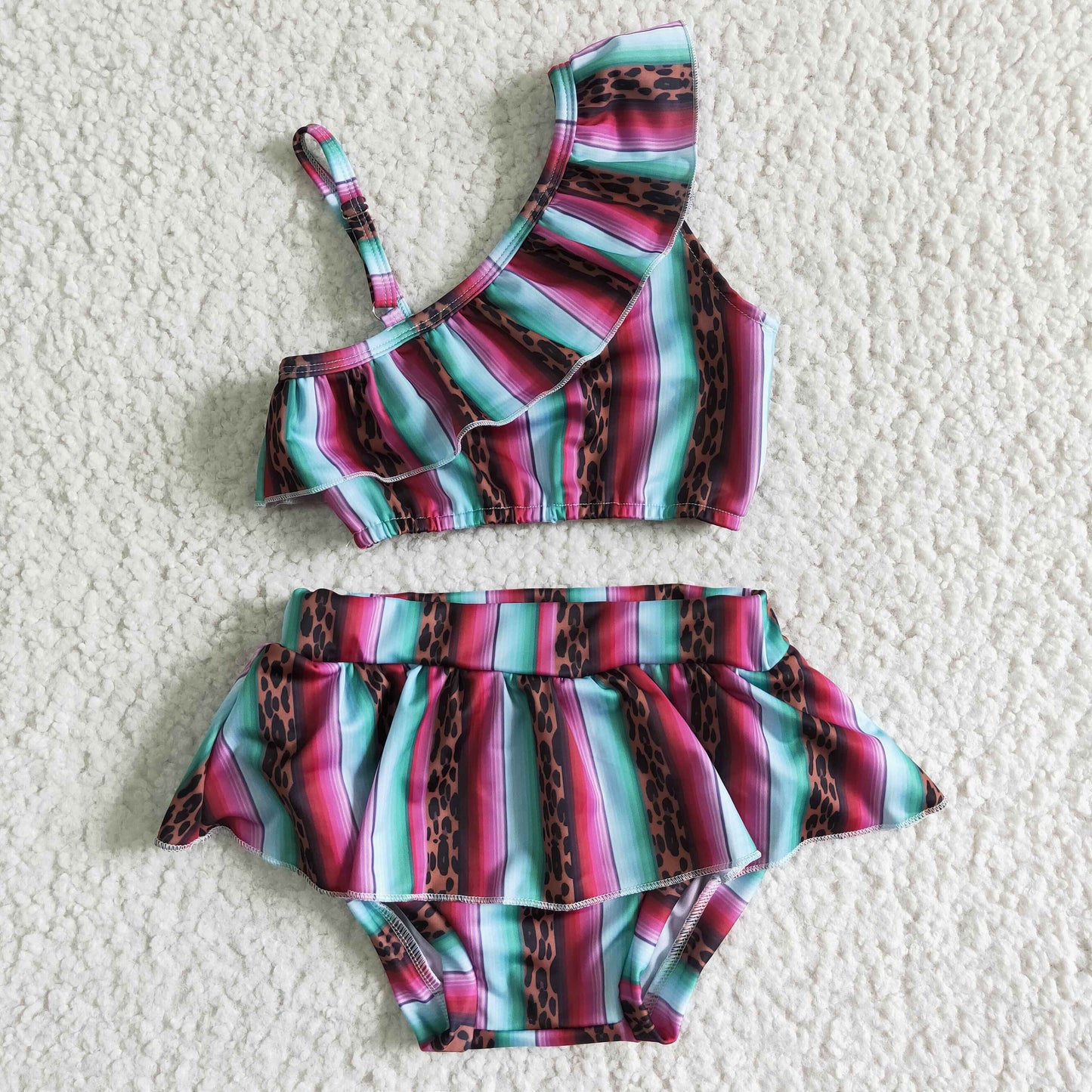 S0022 Two-piece swimsuit with colorful stripes and leopard print