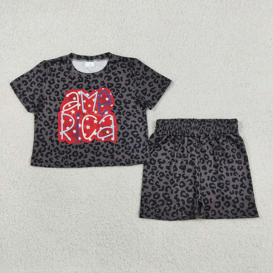 GSSO2576 Kids Baby Girls Black Leopard American Stars Top Short 4th Of July Slouchy Set