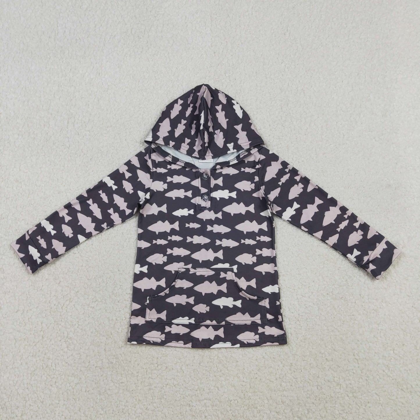 BT1545 Kids Baby Boys Fishes Plaid Button Pockets Hunting Hoodies Top