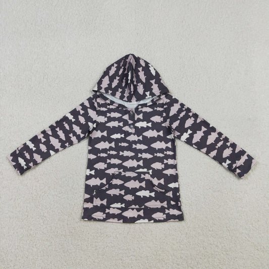 BT1545 Kids Baby Boys Fishes Plaid Button Pockets Hunting Hoodies Top