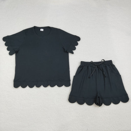 GSSO3200 Adult Women Black Shorts Sleeve Shirts Top Scallop Short Clothes Sets