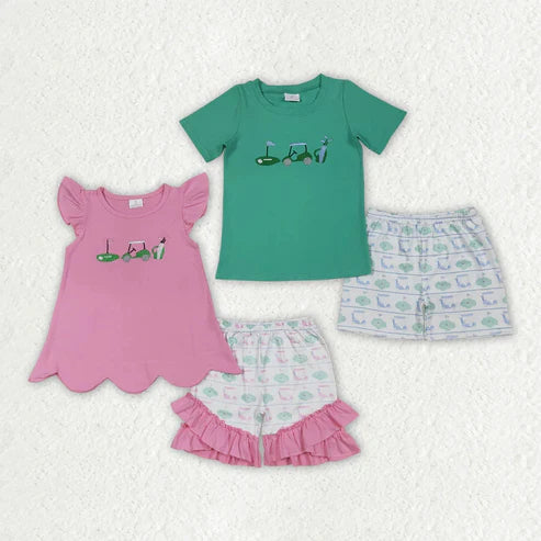 7.10 Sibling Embroidery Baby Girls Boys Golf Truck Summer Outfits Sets