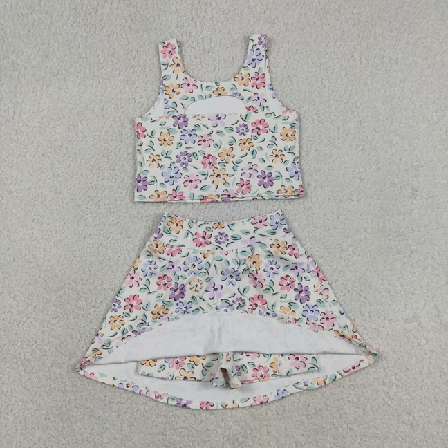 GSD3838 Kids Baby Girls Colorful Flowers Vests Top Skirt Short Yoga Active Clothes Set