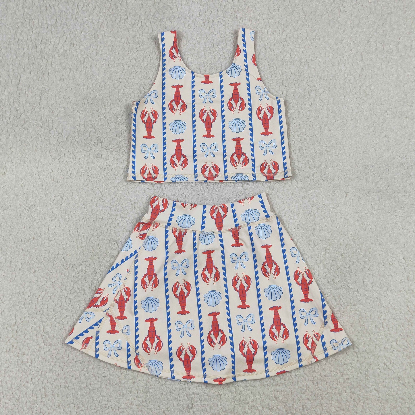 GSD3626 Kids Baby Girls Bows Crayfishes Stripe Vest Top Skirt Short Yoga Active Clothes Sets