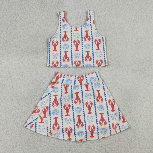 GSD3626 Kids Baby Girls Bows Crayfishes Stripe Vest Top Skirt Short Yoga Active Clothes Sets