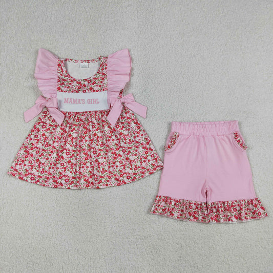GSSO3131 Kids Embroidery Mama's Girls Flowers Tunic Pockets Ruffle Shorts Clothes Set