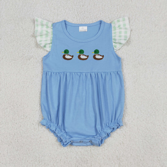 RTS NO MOQ(In Stock) SR3266 Embroidered three ducks green and white checkered lace blue flutter sleeve vest bodysuit