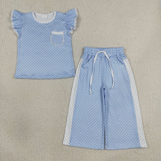 GSPO2331 Kids Clothing Baby Girls Blue Polka Dots Pocket Top Flare Pant Clothes Sets