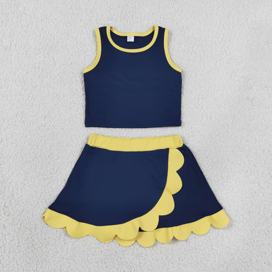 GSD4111 Kids Baby Girls Yellow Navy Crop Scallop Skirt Short Yoga Active Clothes Sets