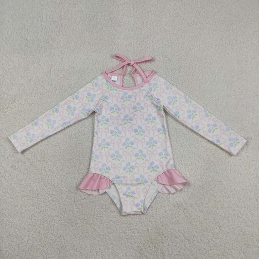 S0655 Kids Baby Girls Flower Bows Checked Bummies One Piece Swimsuits