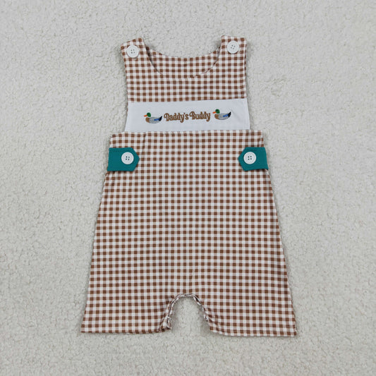 SR3508 Newborn Embroidery Ducks Daddy Buddy Baby Boys Khaki Checked Rompers