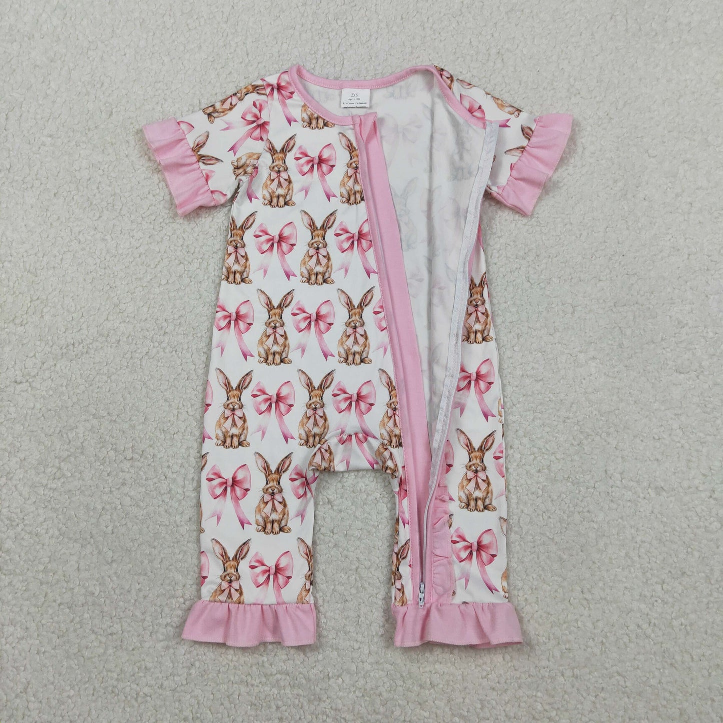 SR2020 Kids Baby Girl Short Sleeve Bows Rabbits Easter Ruffle Zipper Rompers