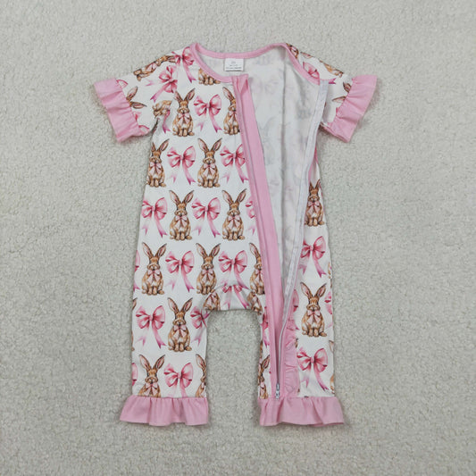 SR2020 Kids Baby Girl Short Sleeve Bows Rabbits Easter Ruffle Zipper Rompers