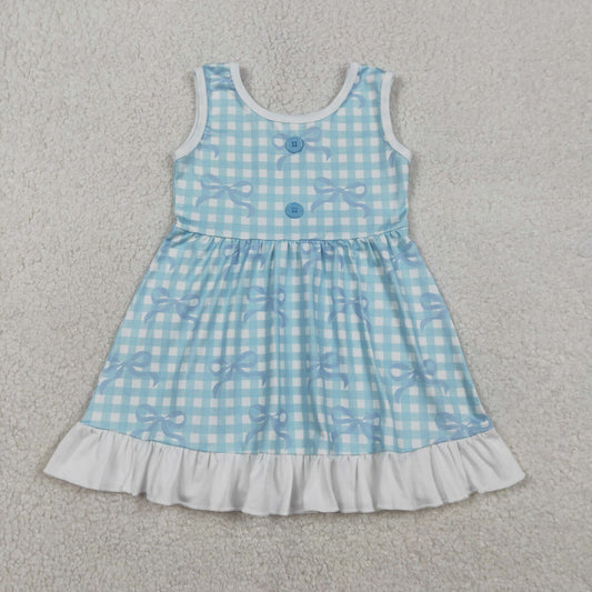RTS NO MOQ（In Stock) GSD3144 Blue checkered button-down dress with bow pattern