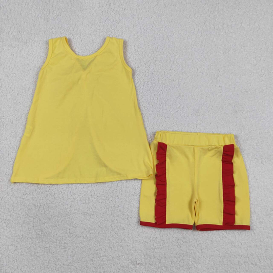 GSSO3466 Kids Baby Girls Yellow Sleeveless Back Bows Tunic Ruffle Shorts Clothes Sets