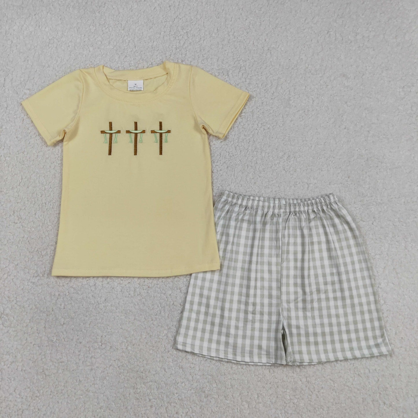 BSSO1717 Kids Embroidery Baby Boy Crosses Top Checked Shorts Easter Clothes Sets