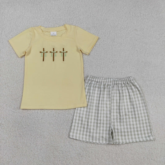 BSSO1717 Kids Embroidery Baby Boy Crosses Top Checked Shorts Easter Clothes Sets