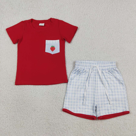 BSSO1692 Kids Baby Boys Strawberry Top Checked Pockets Shorts Clothes Sets