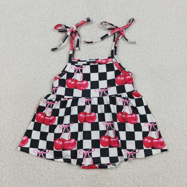 SR3854 Kids Baby Girls Strap Black Checked Cherry Ruffle Tunic Rompers