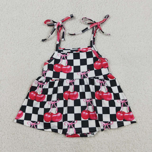 SR3854 Kids Baby Girls Strap Black Checked Cherry Ruffle Tunic Rompers