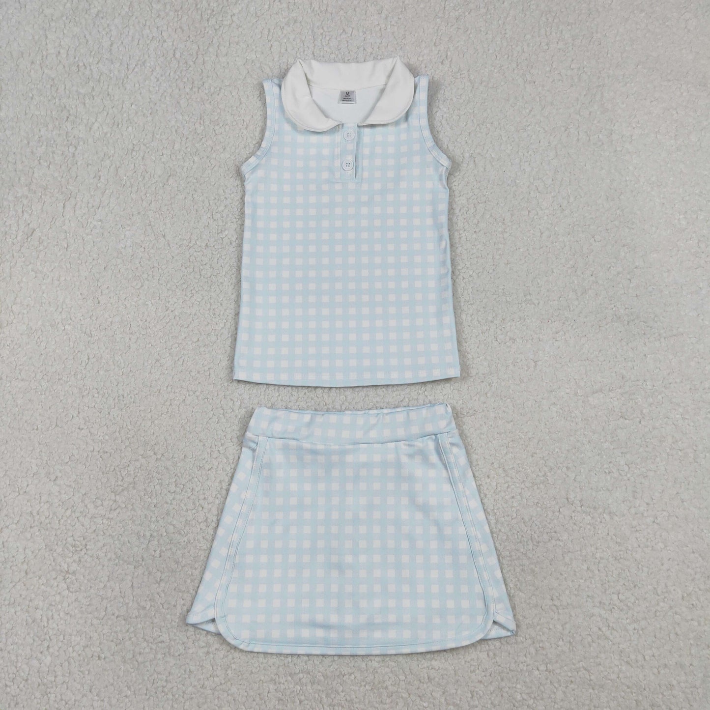 RTS NO MOQ（In Stock) GSD3375 Light Blue Plaid Button Sleeveless Yoga Set