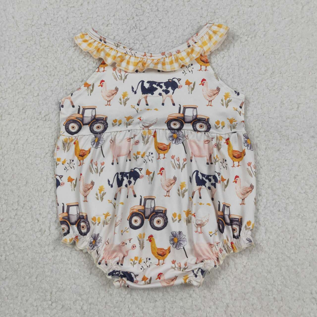 SR3848 Newborn Baby Girls Cows Trucks Farm Collar Ruffle Rompers