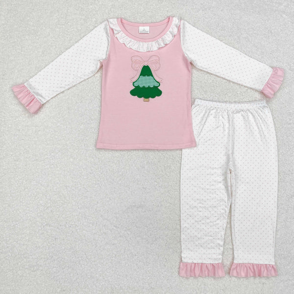 GLP1628 Baby Girls Christmas Tree Bow Shirt Pants Pajamas Clothes Set