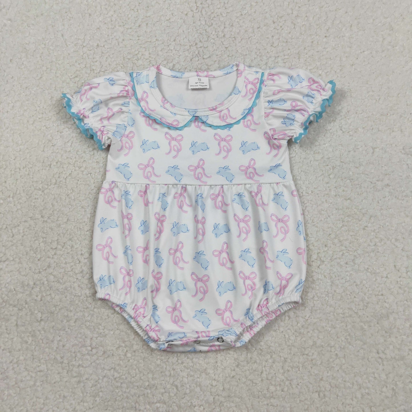 SR3938 Newborn Baby Girl Short Sleeve Bows Rabbits Easter Collar Ruffle Rompers
