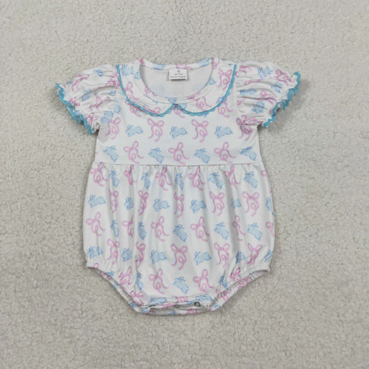 SR3938 Newborn Baby Girl Short Sleeve Bows Rabbits Easter Collar Ruffle Rompers