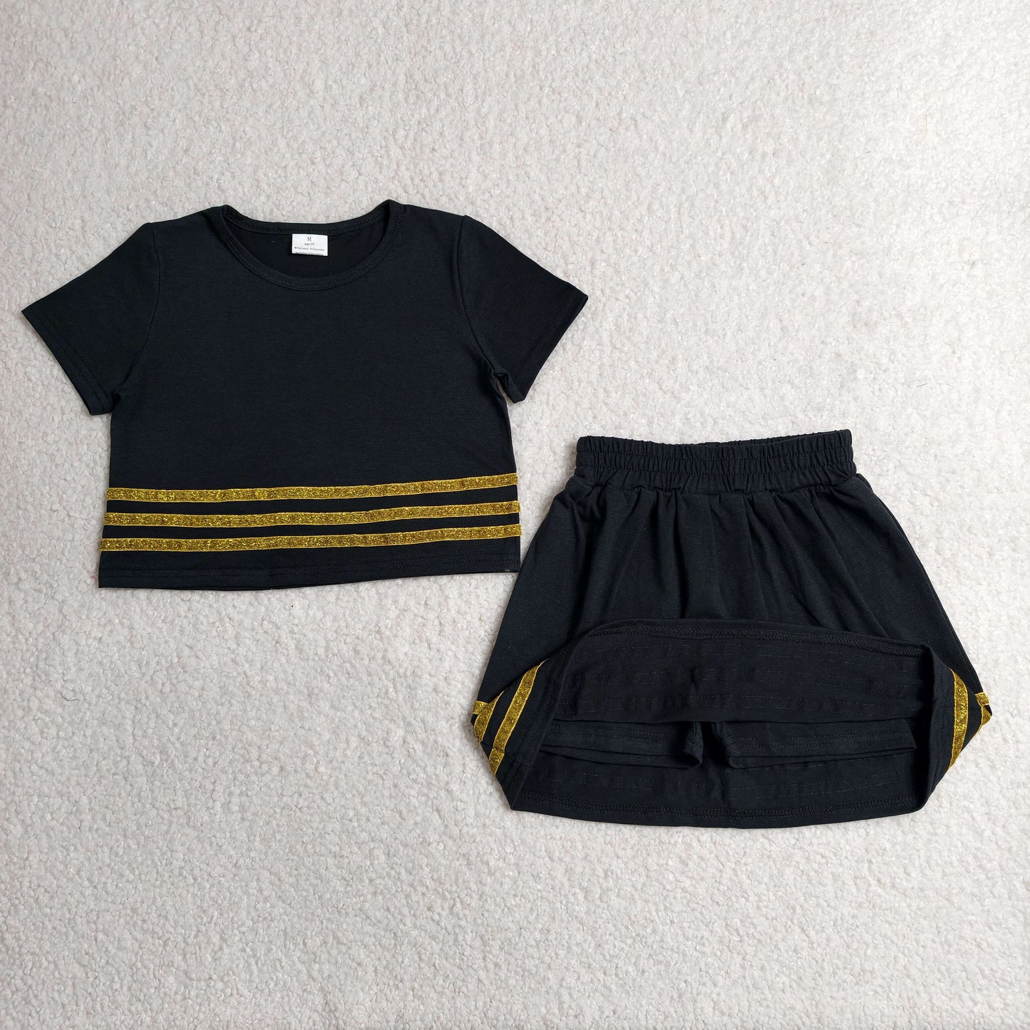 GSD4108 Kids Baby Girls Black Short Sleeve Gold Stripe Top Skirt Short Slouchy Clothes Sets